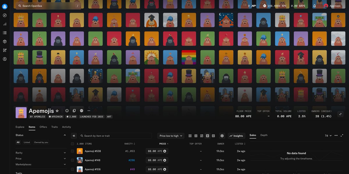 Apemojis is also on <a href="/opensea/">OpenSea</a> now since they support #Apechain <a href="/apecoin/">ApeCoin</a> 🦧