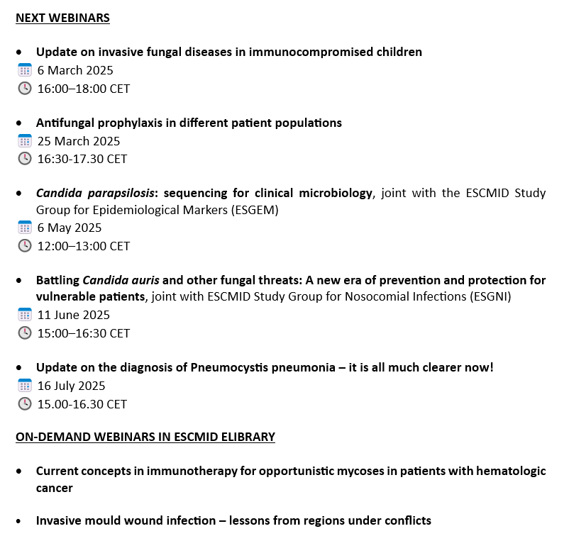 Next #EFISGWebinar on IFDs in immunocompromised children is on: 
 
📅 6 March 2025 | 🕓 16:00–18:00 CET | Free and open to all. You're welcome to spread the word!

us06web.zoom.us/webinar/regist…
 
Watch past webinars on demand: 🔗 EFISG Webinars: escmid.org/efisg/#c4007