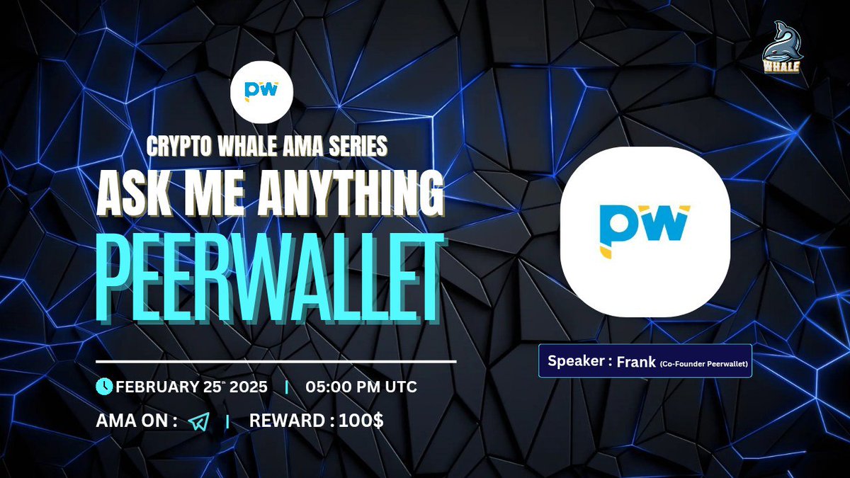 🎙️Join us for the TelegramAMA series with #PeerWallet

🕰️ Date: 25th February 2025, 5:00 PM UTC 
🗣️ Guest: Frank (Co-Founder Peerwallet)
🏆 Prize: $100 USDT 
🏠 Venue: t.me/crypto_whalegl…

〽️Rules:
1️⃣ Follow @Cryptowhale1988 &amp; <a href="/peer_wallet/">Peerwallet (PWAT)</a>
2️⃣ Like &amp; RT
3️⃣ Comment your