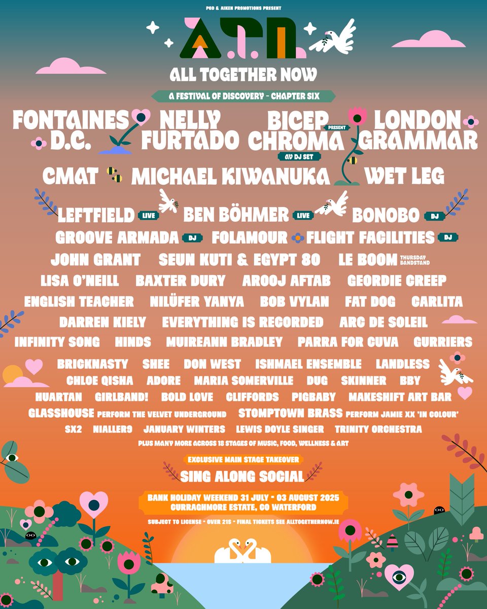 We are delighted to reveal the sixth chapter of All Together Now, a festival of discovery: music, art, food &amp; wellness. Bank Holiday Weekend, 31 July - 03 August. 

🎫 Phase 3 General &amp; Family tickets alongside Instalment plans will go on sale at 9 AM Friday 28 February @tmie ⏰