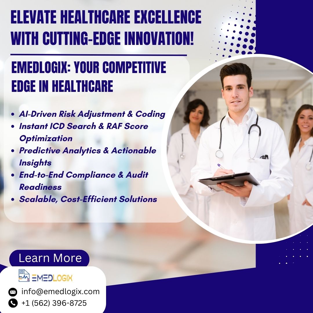 emedlogix's tweet image. Elevate Healthcare with AI-Powered Precision! 
Stay ahead with AI-driven risk adjustment, ICD search, RAF optimization, and compliance support. Maximize accuracy, efficiency, and reimbursements with Emedlogix!
info@emedlogix.com, +1 (562) 396-8725
#ICDSearch #RAFAssessment