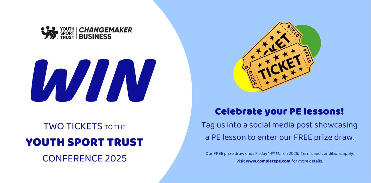 Complete_PE's tweet image. ⭐️ WIN Tickets to the @YouthSportTrust Conference!

Tag us into a post showcasing a PE lesson for a chance to win two tickets to the Youth Sport Trust Conference.

We can't wait to see some of your amazing #PE lessons!

#YSTConference25 🎫 #CompletePE 🧑‍🎓