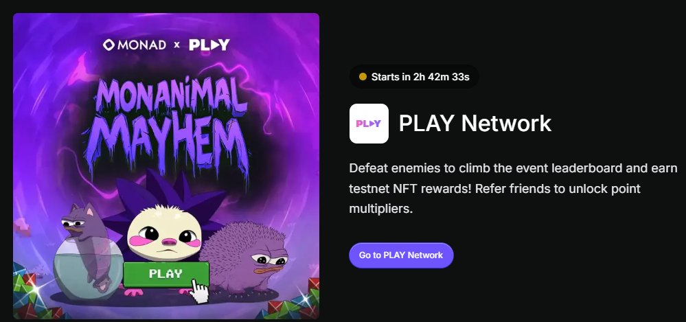 Gmonad x Play

简单介绍下 <a href="/0xplay_network/">PLAY Network</a> on <a href="/monad_xyz/">Monad ⨀</a> 
玩法就是打怪升级攒金币强化装备冲击排名

这个游戏刚开始玩的时候会很上头连续玩了好多天
但是玩了久了就会感觉有些索然无味
希望以后能添加更多的道具以及模式

建议大家用平板或者手机玩，能更好控制移动速度

来吧nads们，让我们干中玩