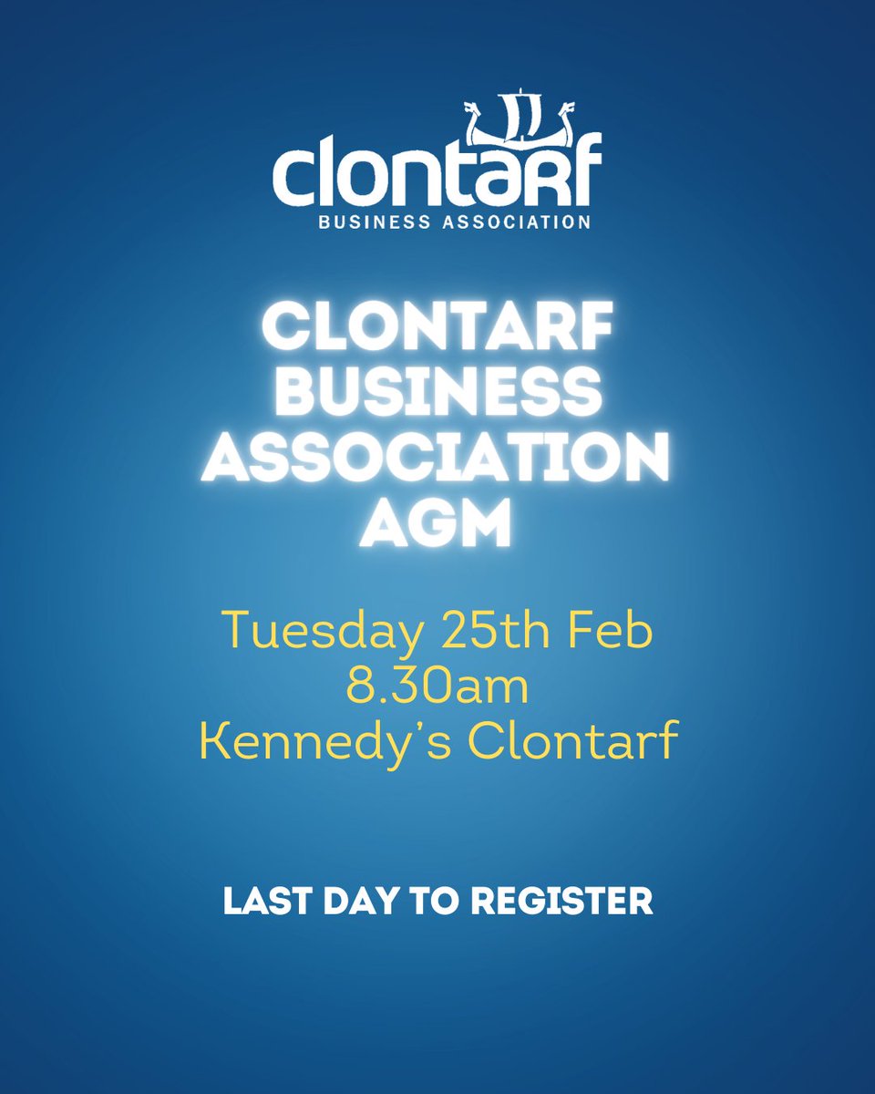 Today is the final day to register for the Clontarf Business Association AGM! Join us tomorrow, 25th Feb at 8:30AM in Kennedy’s Clontarf for this important members-only event.
Secure your spot now ✅ bit.ly/cba-agm
#ClontarfBusiness #CBAAGM #FinalCall #BusinessNetworking