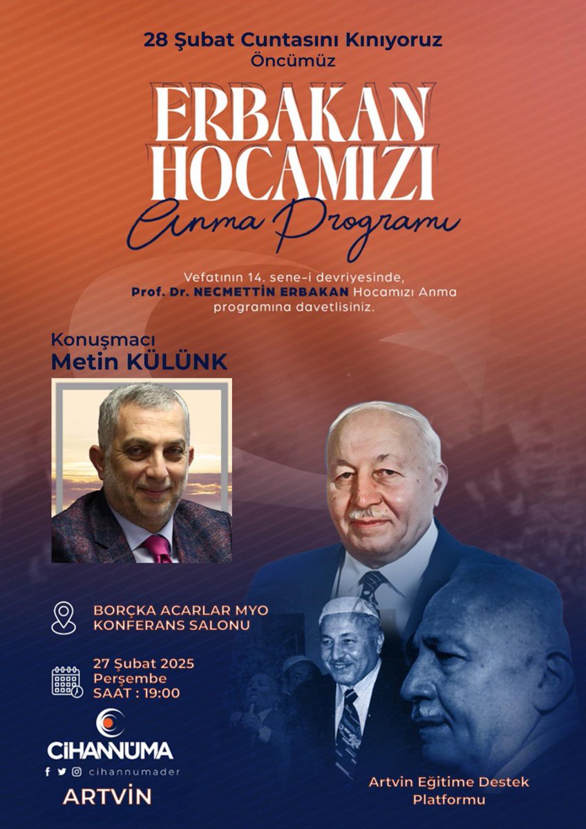 27 Şubat 2025, 
Perşembe,

Türkiye’nin bağımsızlığı uğruna ve Anadolu topraklarındaki varoluş sırrımızın yeni zamana cevap verebilmesi adına, bireysel ve kolektif yaşamında kahramanca bir mücadele örneği ortaya koyan, 
yaşarken zor anlaşılan ancak dünyadan göç ettikten sonra