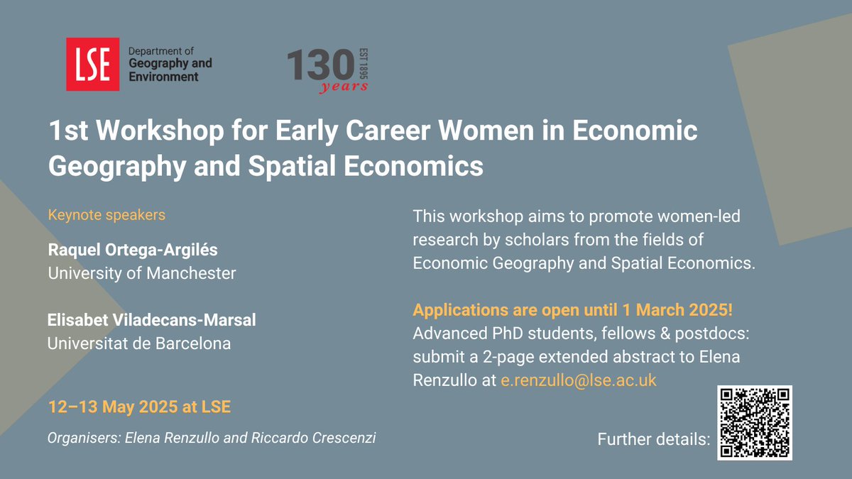 LSE Geography & Environment (@lsegeography) on Twitter photo 🚀 Early-career women in Economic Geography & Spatial Economics - join us at LSE for WECW-EGSE (12–13 May 2025) 📈
Apply by 1 March! Send a 2-page abstract to e.renzullo@lse.ac.uk (Subject: WECW-EGSE)
<a href="/Ele_ren94/">Elena Renzullo</a> <a href="/crescenzi_r/">Riccardo Crescenzi</a>
🔗 More info zurl.co/oxUj5 🚀 Early-career women in Economic Geography & Spatial Economics - join us at LSE for WECW-EGSE (12–13 May 2025) 📈
Apply by 1 March! Send a 2-page abstract to e.renzullo@lse.ac.uk (Subject: WECW-EGSE)
<a href="/Ele_ren94/">Elena Renzullo</a> <a href="/crescenzi_r/">Riccardo Crescenzi</a>
🔗 More info zurl.co/oxUj5