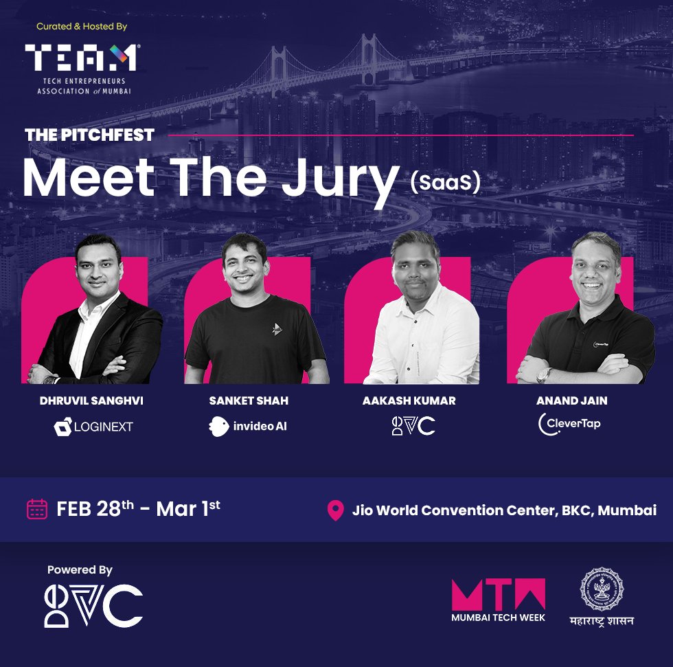 LogiNext's tweet image. Are you ready to pitch at The Pitchfest?😎

If you&apos;re a tech founder, MumbAI is inviting you to come pitch your business to the biggest leaders at MTW.🔥🔥🔥

Presenting you the Jury for the SaaS line-up for The Pitchfest at #MumbaiTechWeek 2025: Dhruvil | Sanket | Aakash | Anand