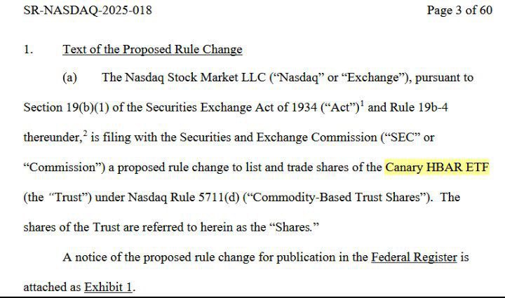 BREAKING:

CANARY HAS JUST FILED FOR THE 
FIRST EVER SPOT $HBAR ETF WITH 
NASDAQ

BULLISH FOR $HBAR 🔥