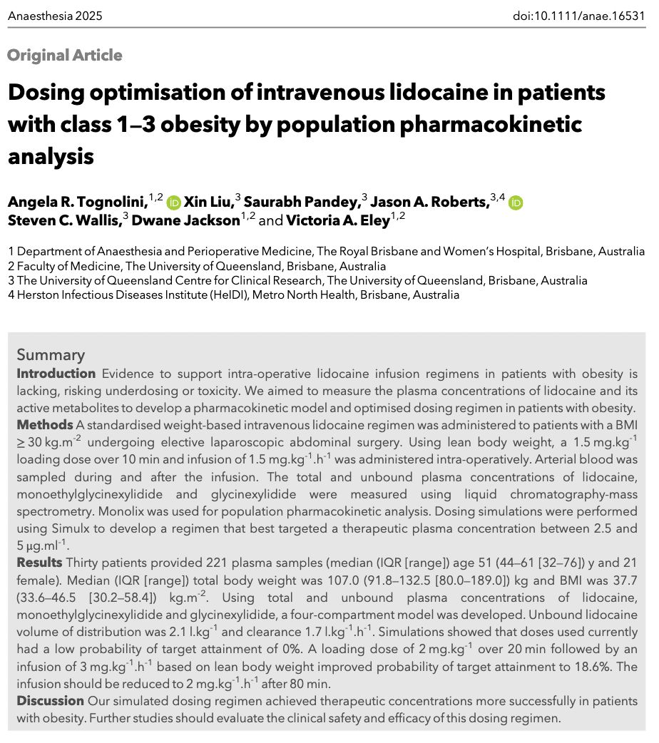 𝘈𝘯𝘢𝘦𝘴𝘵𝘩𝘦𝘴𝘪𝘢 (@anaes_journal) on Twitter photo What is your intra-operative lidocaine infusion regimen in patients with obesity?
Evidence is lacking, risking underdosing or toxicity. The therapeutic window is relatively narrow.
But Tognolini et al are here to help!
<a href="/jasonroberts_pk/">Jason Roberts</a> <a href="/eley_victoria/">VictoriaEley</a>
#anaesthesia #medicine What is your intra-operative lidocaine infusion regimen in patients with obesity?
Evidence is lacking, risking underdosing or toxicity. The therapeutic window is relatively narrow.
But Tognolini et al are here to help!
<a href="/jasonroberts_pk/">Jason Roberts</a> <a href="/eley_victoria/">VictoriaEley</a>
#anaesthesia #medicine
