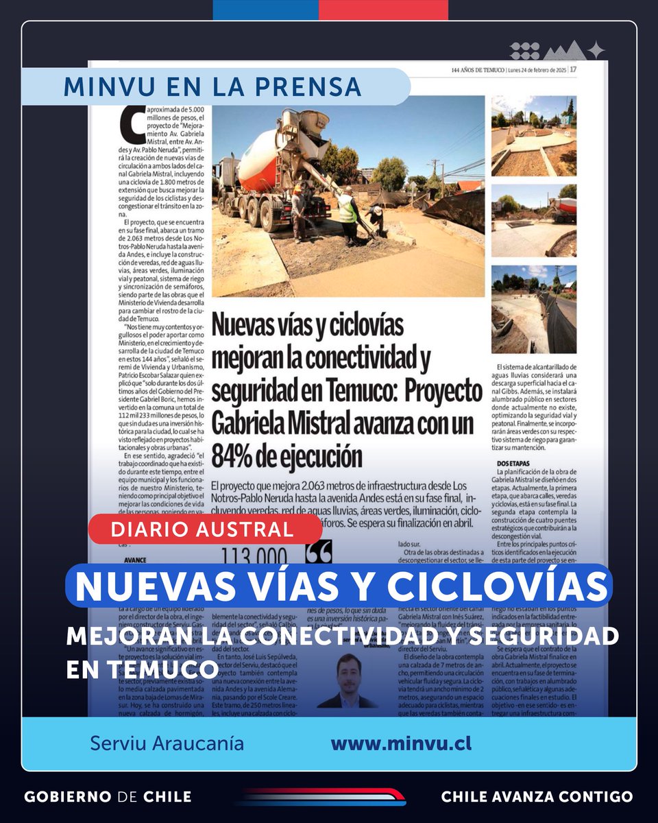 🚧 En La Araucanía, se están realizando importantes obras en Temuco para mejorar la calidad de vida de sus habitantes. ¡Un compromiso del Ministerio de Vivienda en el 144° aniversario de la ciudad! 🎉👏🏼🇨🇱