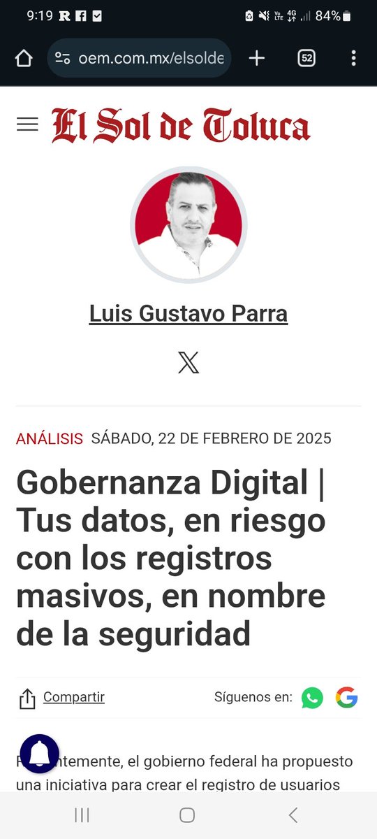 Gustavo Parra N (@lgparranoriega) on Twitter photo Comparto artículo de #Opinión en El <a href="/SOLTOLUCA/">El Sol de Toluca</a>, sobre los riesgos de #privacidad y protección de #DatosPersonales, con los registros masivos en nombre de la seguridad. Infoem #PANAUT.
oem.com.mx/elsoldetoluca/… Comparto artículo de #Opinión en El <a href="/SOLTOLUCA/">El Sol de Toluca</a>, sobre los riesgos de #privacidad y protección de #DatosPersonales, con los registros masivos en nombre de la seguridad. Infoem #PANAUT.
oem.com.mx/elsoldetoluca/…