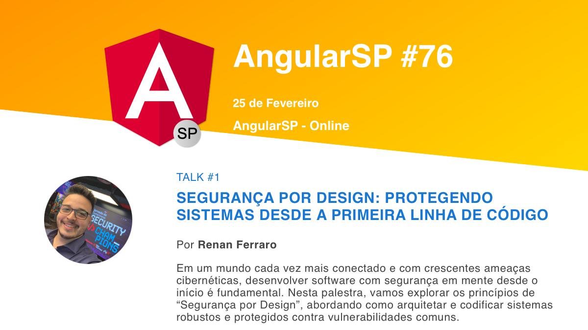 AngularSP's tweet image. 🎉 Carnaval chegando, mas antes…. temos nosso Meetup Angular SP 🥳
Pra iniciar nosso encontro teremos a talk do Renan Ferraro, explicando sobre Segurança por Design!
Bora aprender juntos?!!!
Amanhã 25/02 às 19h: youtube.com/watch?v=XNbmJf…