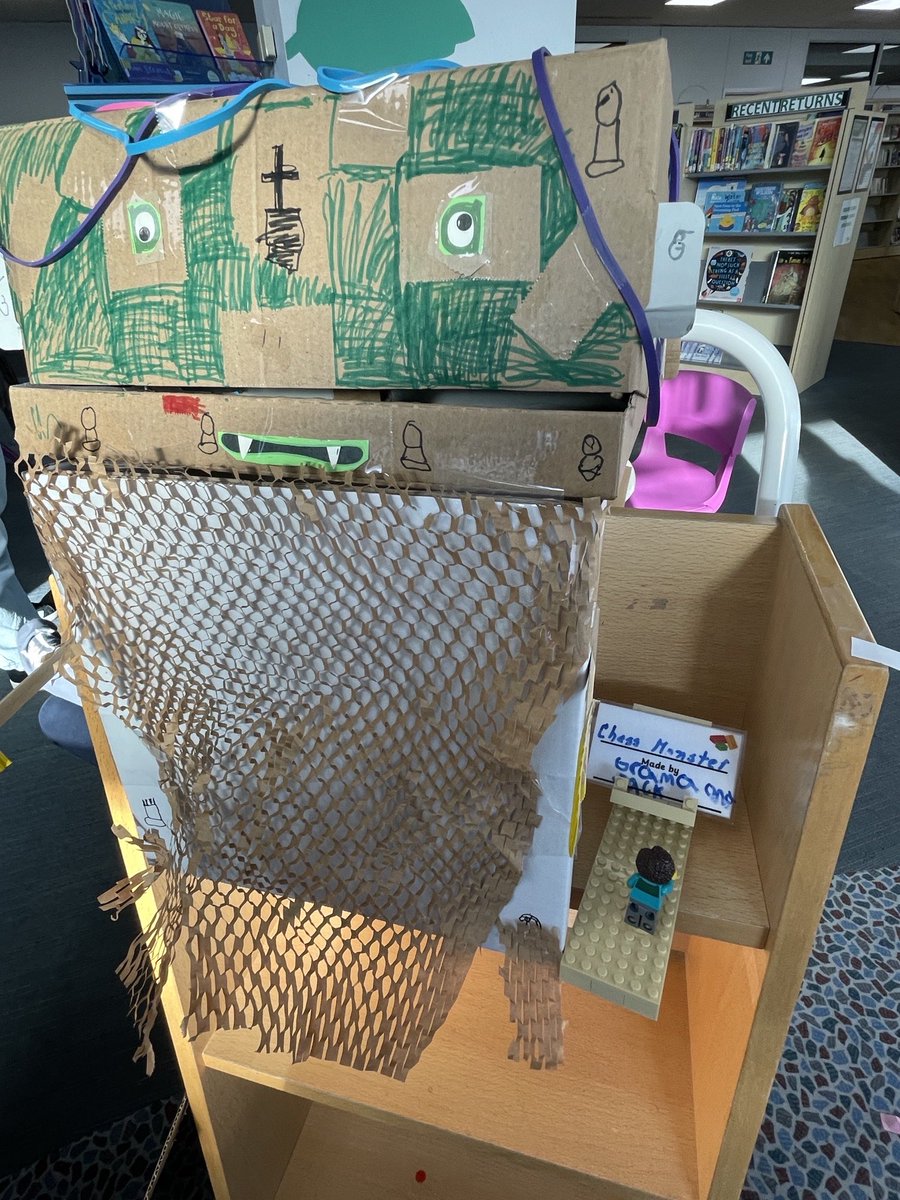 BlackheathLib's tweet photo. Our half term #JunkModelling attendees were super creative - look what they made out of recycled materials! Monsters and video game tools were just some of the creations we saw last week. @GreenwichLibs @Royal_Greenwich @Better_UK #LoveYourLibrary https://t.co/QFtHGy3UIm