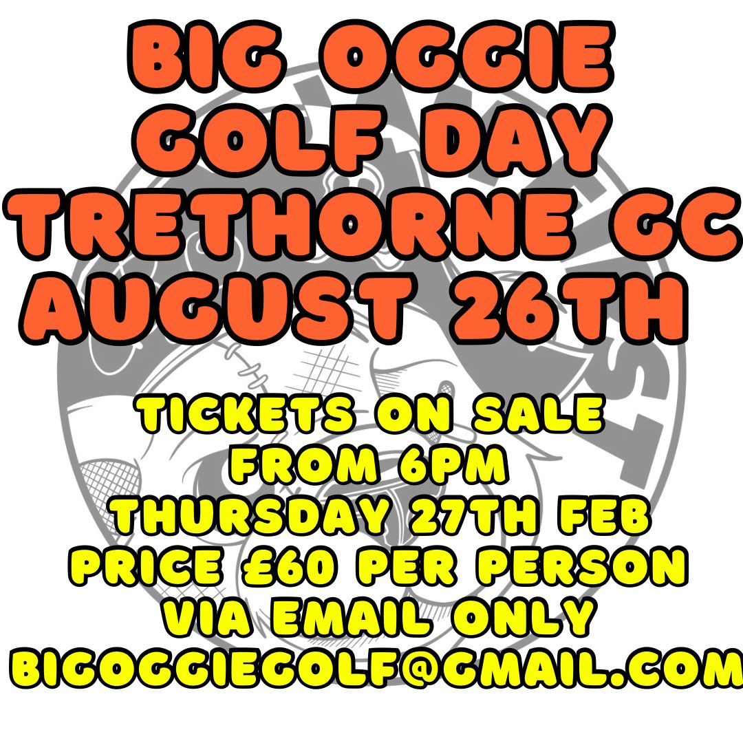 John Ogden (@bigoggiegolf) on Twitter photo BIG OGGIE GOLF CHARITY DAY TICKETS GO ON SALE AT 6PM THURSDAY.
Venue <a href="/Trethorne/">Trethorne Golf Club and Hotel</a>
Date Tues August 26th 2025
Price £60 per player
Only available on a first come first serve basis via email application to
bigoggiegolf@gmail.com BIG OGGIE GOLF CHARITY DAY TICKETS GO ON SALE AT 6PM THURSDAY.
Venue <a href="/Trethorne/">Trethorne Golf Club and Hotel</a>
Date Tues August 26th 2025
Price £60 per player
Only available on a first come first serve basis via email application to
bigoggiegolf@gmail.com