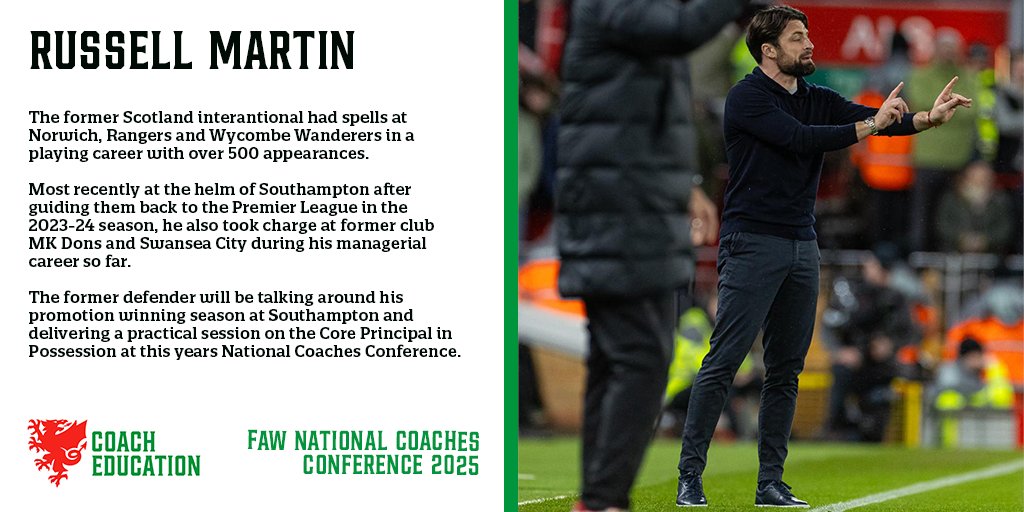 🏴󠁧󠁢󠁷󠁬󠁳󠁿 Our next guest at this years National Coaches Conference is former Southampton and Swansea boss, Russell Martin!

📖 You can book your place at this years conference from the link below:

fawcourses.com/category/natio…