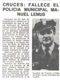 #TalDiaComoHoy también de 1978 #ETA asesinó a Manuel Lemus en #Santurtzi era policía municipal. Agonizó más de un mes. Le ametrallaron desde un coche cuando se dirigía a pie a trabajar a las 5,40h.

ETA la tenía tomada con los policías municipales, asesinaron a 28 de ellos🧵