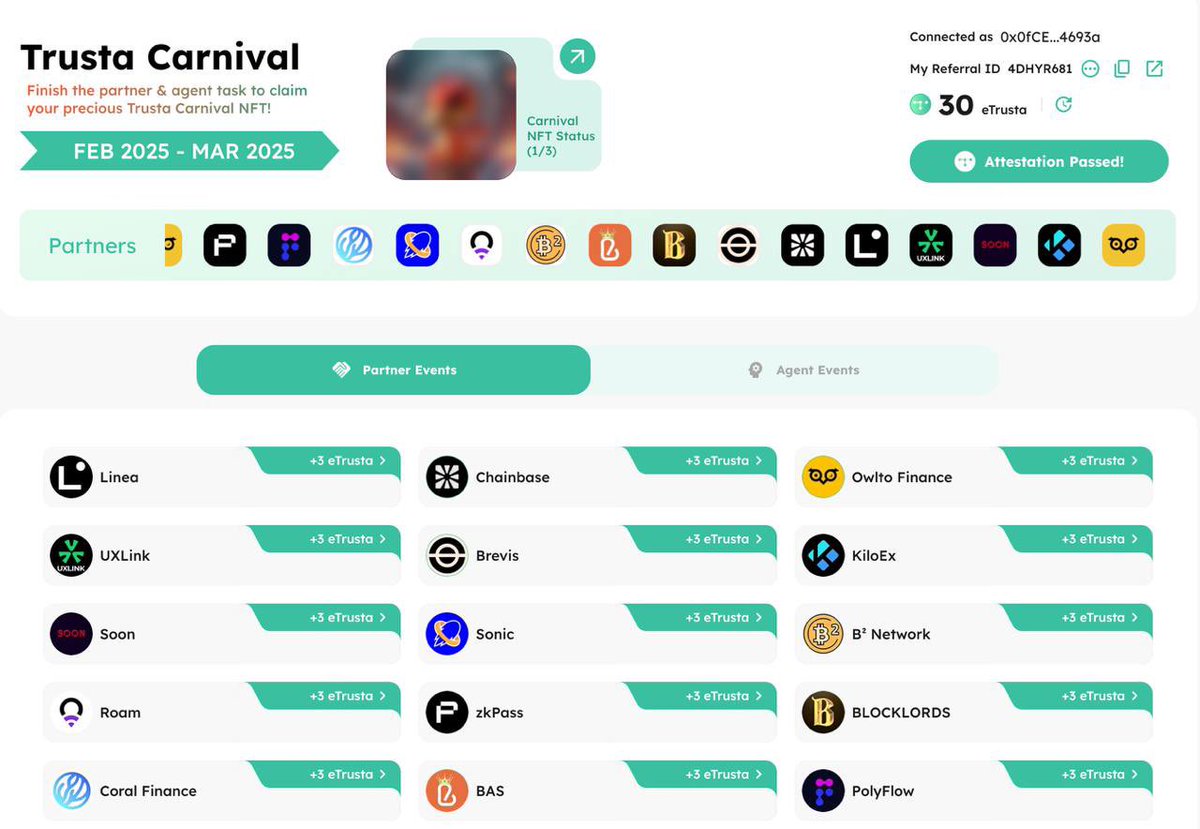Săn Airdrop Trusta Labs Thông Qua Sự Kiện TRUSTA CARNIVAL

<a href="/TrustaLabs/">Trusta.AI</a> chắc ae cày airdrop không còn xa lạ gì nữa rồi - đây là hệ thống định danh on-chain dựa trên AI với hơn 3M$ users hiện tại và đã partner với nhiều cái tên lớn như Binance, Bitget, Galxe,