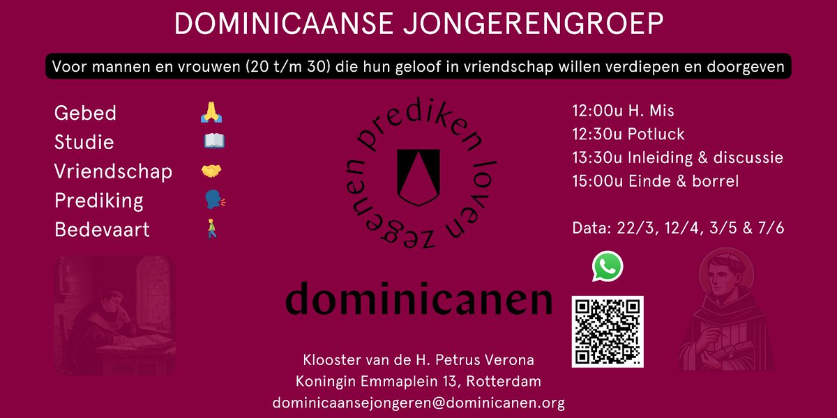 Eind maart starten wij (medebroeder en ik) een Nederlandse Dominicaanse jongerengroep. Ben je tussen de 20-30 jaar en wil je je geloof in vriendschap met anderen verdiepen? Dan is dit wat voor jou! Gebed, studie, prediking, bedevaart en vriendschap staan centraal. WELKOM!