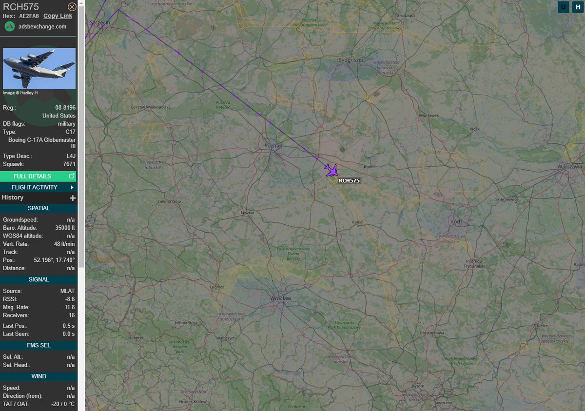 PolishMilRadar's tweet image. ⌚️ 24.02 13:49LT

🇺🇸 Siły Powietrzne Stanów Zjednoczonych #USAF
✈️ Boeing C-17A Globemaster III "08-8196"
#RCH575 leci na FL350
🛫 Keflavik #BIKF
🛬 Rzeszów Jasionka #EPRZ
🔗globe.adsbexchange.com/?icao=ae2fa8

#POLMILRADAR