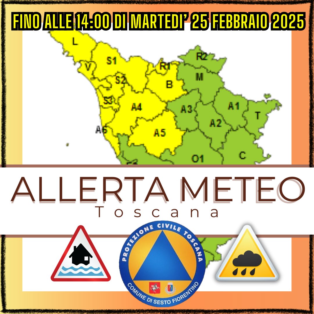 #AllertaMeteoTOS

Rischio Allagamenti-Frane in caso di forti piogge 

#24febbraio e fino alle 14:00 di martedì #25febbraio in #Toscana #PCSesto #ProtezioneCivile #SestoFiorentino #Firenze #Arezzo #Grosseto #Livorno #Lucca #MassaCarrara #Pisa #Pistoia #Prato #Siena