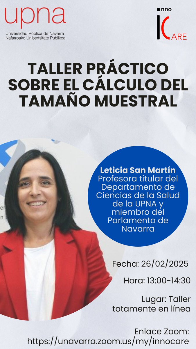 📊🔢 #Taller sobre Cálculo del #TamañoMuestral. Desde <a href="/care_inno/">Inno-CARE</a> te invitamos a participar en este taller que imparte <a href="/leticiasmartin/">Leticia San Martin</a> 
🗓 Fecha: 26/02/2025
⏰ Hora: 13:00 - 14:30
🌐 Lugar: Taller totalmente en línea
🔗 Enlace : unavarra.zoom.us/my/innocare
#enfermería #investigacion