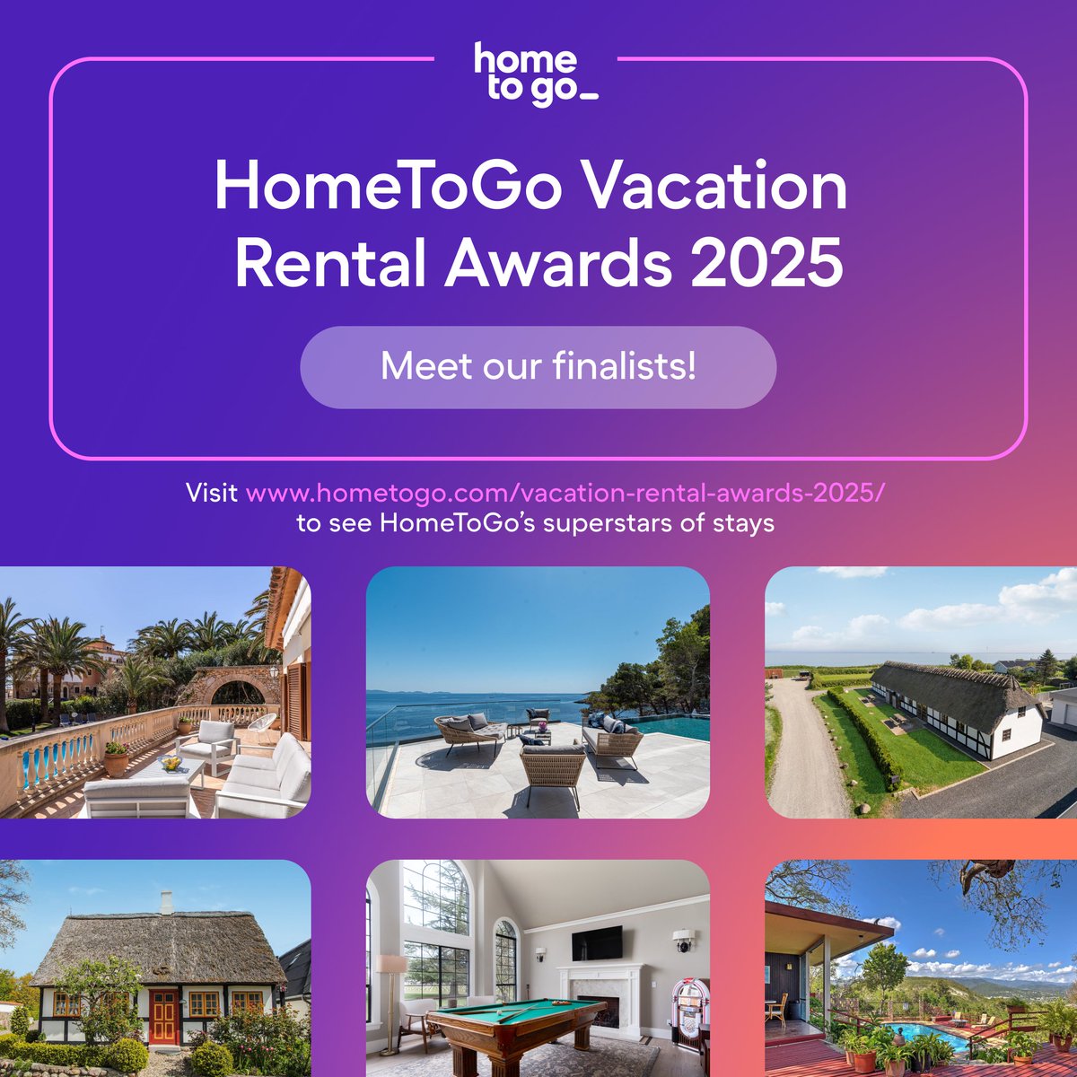 Introducing the <a href="/HomeToGo/">HomeToGo</a> Vacation Rental Awards! ✨🏆 

We're celebrating our superstars of stays across nine categories. Meet the finalists redefining exceptional travel experiences here: bit.ly/4gUzWRh

Stay tuned for the winners on March 6!