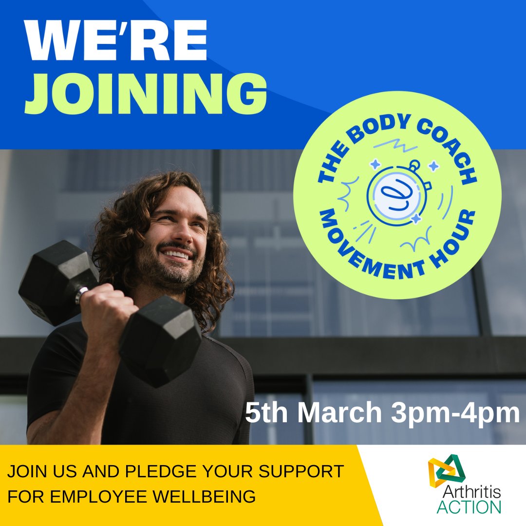 Arthritis_ACTN's tweet photo. Join us in taking part in Joe Wicks @thebodycoach Movement Hour a fantastic initiative to get workplaces moving, boost energy and improve wellbeing.
Movement is vital for everyone’s health, especially when you have arthritis, which is why we’re getting involved.
#MovementHour https://t.co/tFNiUwL5E6