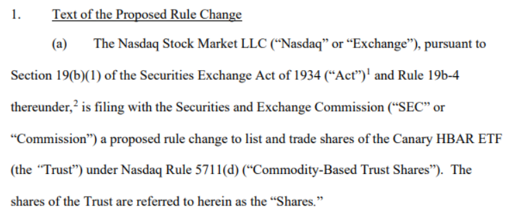 🚨 BREAKING: Canary Files For Spot $HBAR ETF With Nasdaq.

$1 Soon .