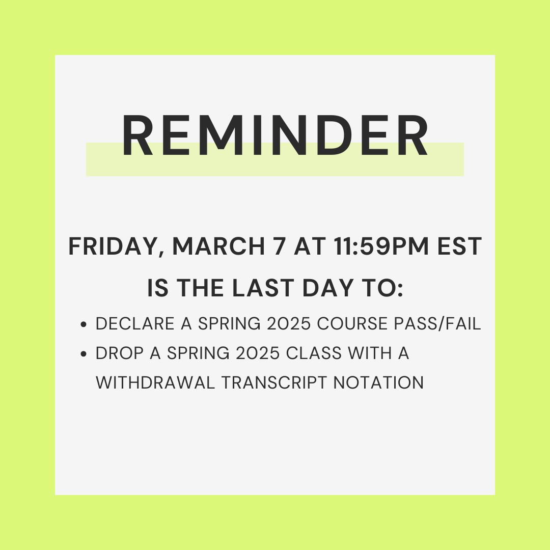 The last day to declare a Spring 2025 course pass/fail through ConnectCarolina is Friday, March 7 at 11:59 pm EST. Submitting a pass/fail request by February 28 allows time to submit another request prior to March 7, if the initial request is not approved.