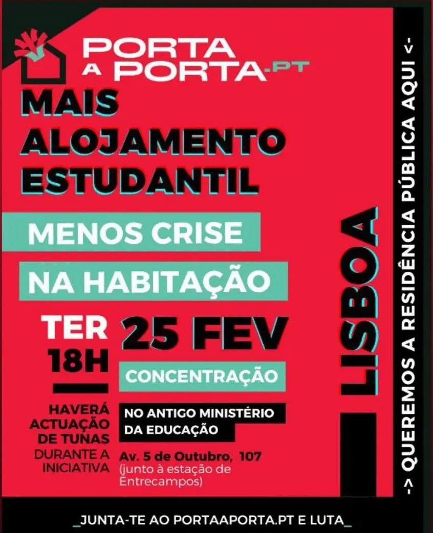 Termina amanhã a campanha nacional do Porta a Porta por mais habitação pública e, claro está, por mais alojamento estudantil. Contamos com a tua presença!

🕖 18h
📌 Antigo Ministério da Educação (junto à estação de Entrecampos)

Partilha!