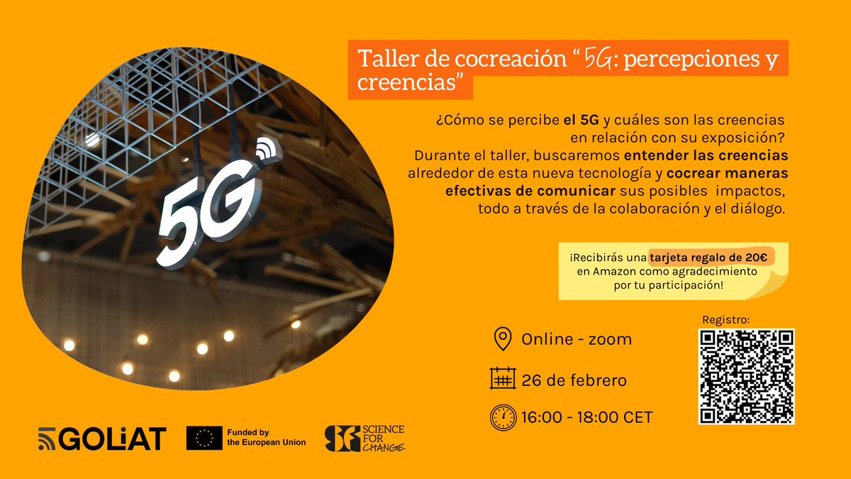 🌍 Tu opinión sobre el 5G importa.

No necesitas ser experto/a, solo opinar en nuestro taller online este miércoles 26 de febrero, de 16h a18h.
🎁 Tu participación tiene regalo !

🔗Link de inscripción: forms.gle/CSrJ9Yo9shgX9q…
