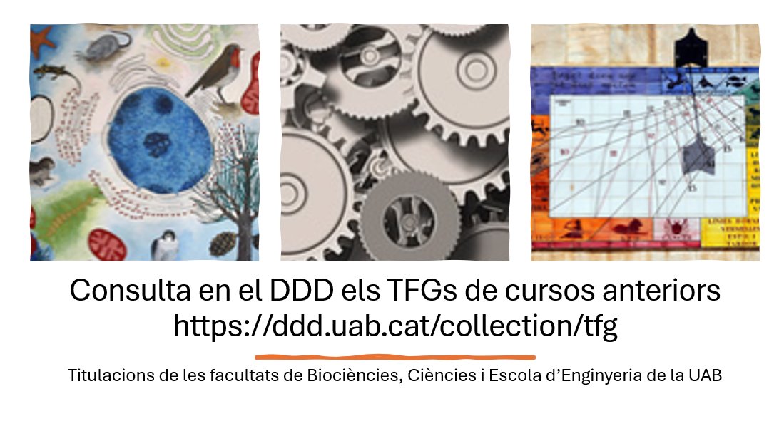 #EstudiantUAB, vols veure exemples de #TFG que han presentat estudiants d'altres anys?   
En el #DDD en trobaràs de publicats agrupats per titulacions:
🔹De Biociències ddd.uab.cat/collection/fac…
🔹De Ciències ddd.uab.cat/collection/fac…
🔹D'Enginyeria ddd.uab.cat/collection/esc…