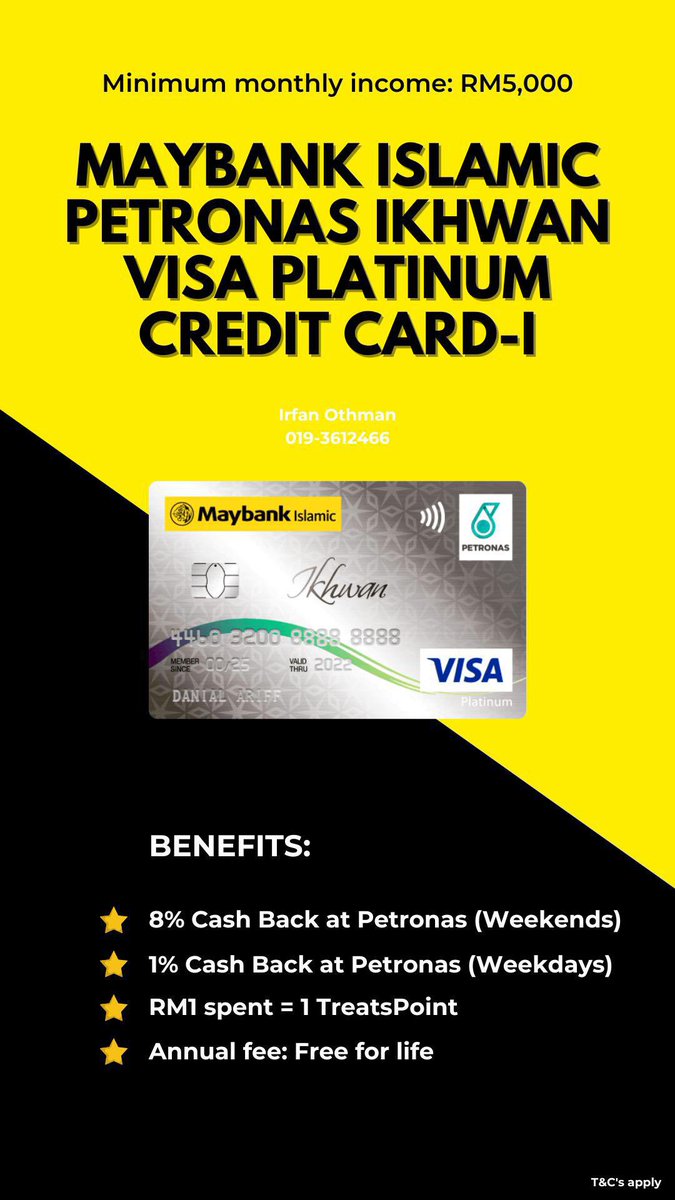 Maybank Islamic Ikhwan Mastercard Gold Credit Card-i
5% rebate on petrol (mana-mana jenama) &amp; groceries (Jumaat &amp; Sabtu) 
Pendapatan bulanan minimum: RM2,000

Maybank Islamic Ikhwan Visa Gold Credit Card-i
- 8% cashback (Sabtu &amp; Ahad)
- 1% cashback (Isnin - Jumaat)
Pendapatan