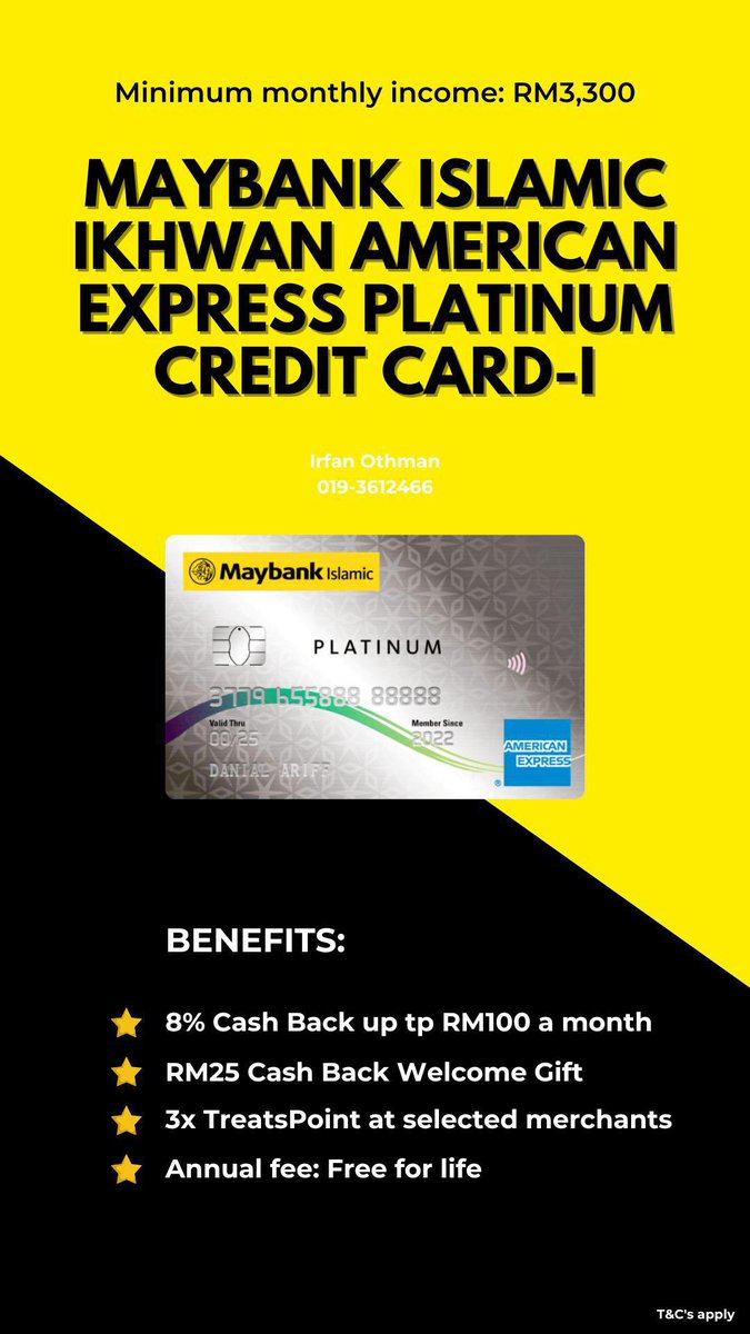 Maybank Islamic Ikhwan American Express Platinum Credit Card-i
- 8% cashback up to RM100 (bulan Ramadan dan Syawal)
- 8% cashback up to RM50 (selain bulan Ramadan dan Syawal)
Pendapatan bulanan minimum: RM3,300

Pun boleh DM <a href="/irfanothmann/">Irfan Othman</a> atau boleh juga WhatsApp <a href="/irfanothmann/">Irfan Othman</a>