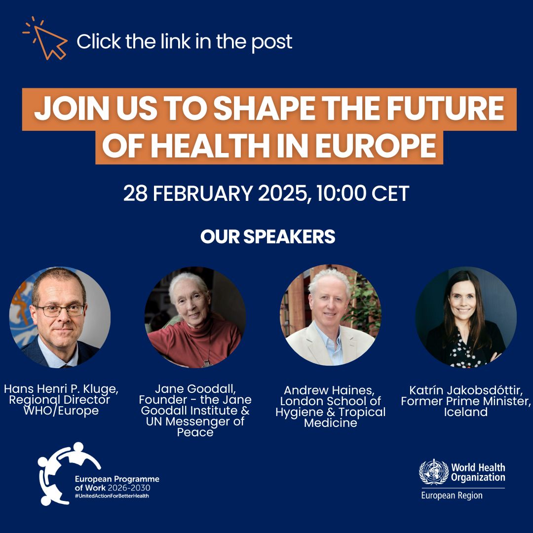 WHO/Europe (@who_europe) on Twitter photo 📢 What might the future of health in Europe look like?
Join:
🔵<a href="/hans_kluge/">Hans Kluge</a>
🔵 <a href="/katrinjak/">Katrín Jakobsdóttir</a>
🔵 <a href="/JaneGoodallInst/">Dr. Jane Goodall & the Jane Goodall Institute</a>
🔵 Andrew Haines of <a href="/LSHTM/">London School of Hygiene & Tropical Medicine</a>
for our #EPW2 hearing on #ClimateChange and Health this week
Register here 👉 bit.ly/4fM9Nn7
🗓️ 28 February 2025
🕕 10.00 CET 📢 What might the future of health in Europe look like?
Join:
🔵<a href="/hans_kluge/">Hans Kluge</a>
🔵 <a href="/katrinjak/">Katrín Jakobsdóttir</a>
🔵 <a href="/JaneGoodallInst/">Dr. Jane Goodall & the Jane Goodall Institute</a>
🔵 Andrew Haines of <a href="/LSHTM/">London School of Hygiene & Tropical Medicine</a>
for our #EPW2 hearing on #ClimateChange and Health this week
Register here 👉 bit.ly/4fM9Nn7
🗓️ 28 February 2025
🕕 10.00 CET