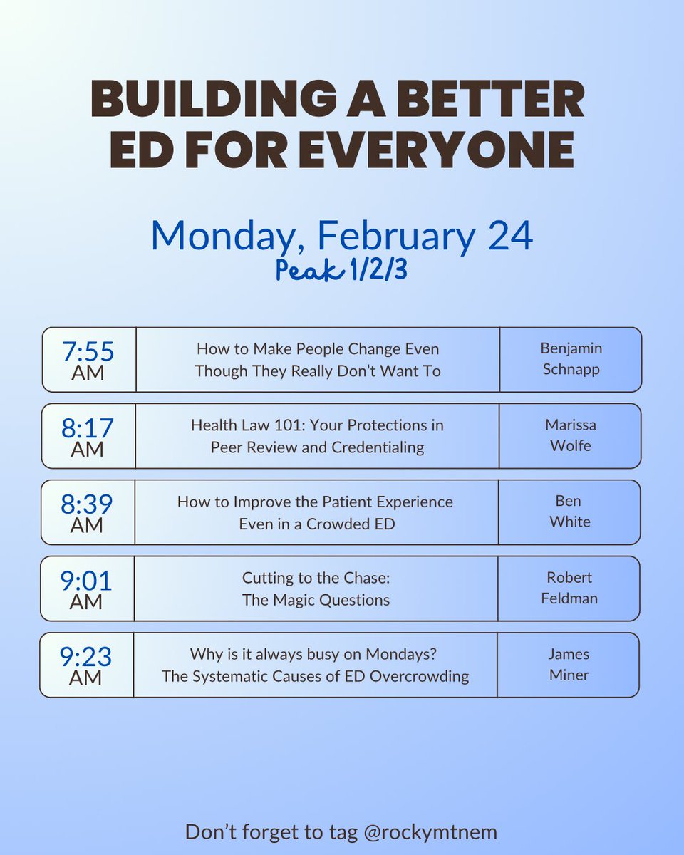 Final full day at #RMWC25! ⛷️🏔️

Start with Dr. Moore on Cardiac Arrest Management, dive into cardiac, POCUS &amp; ED sessions, then hit the slopes!

🎿 3:30 PM: Après with vendors
📚 4 PM: Last afternoon session

#MedEd #emergencymedicine #ED