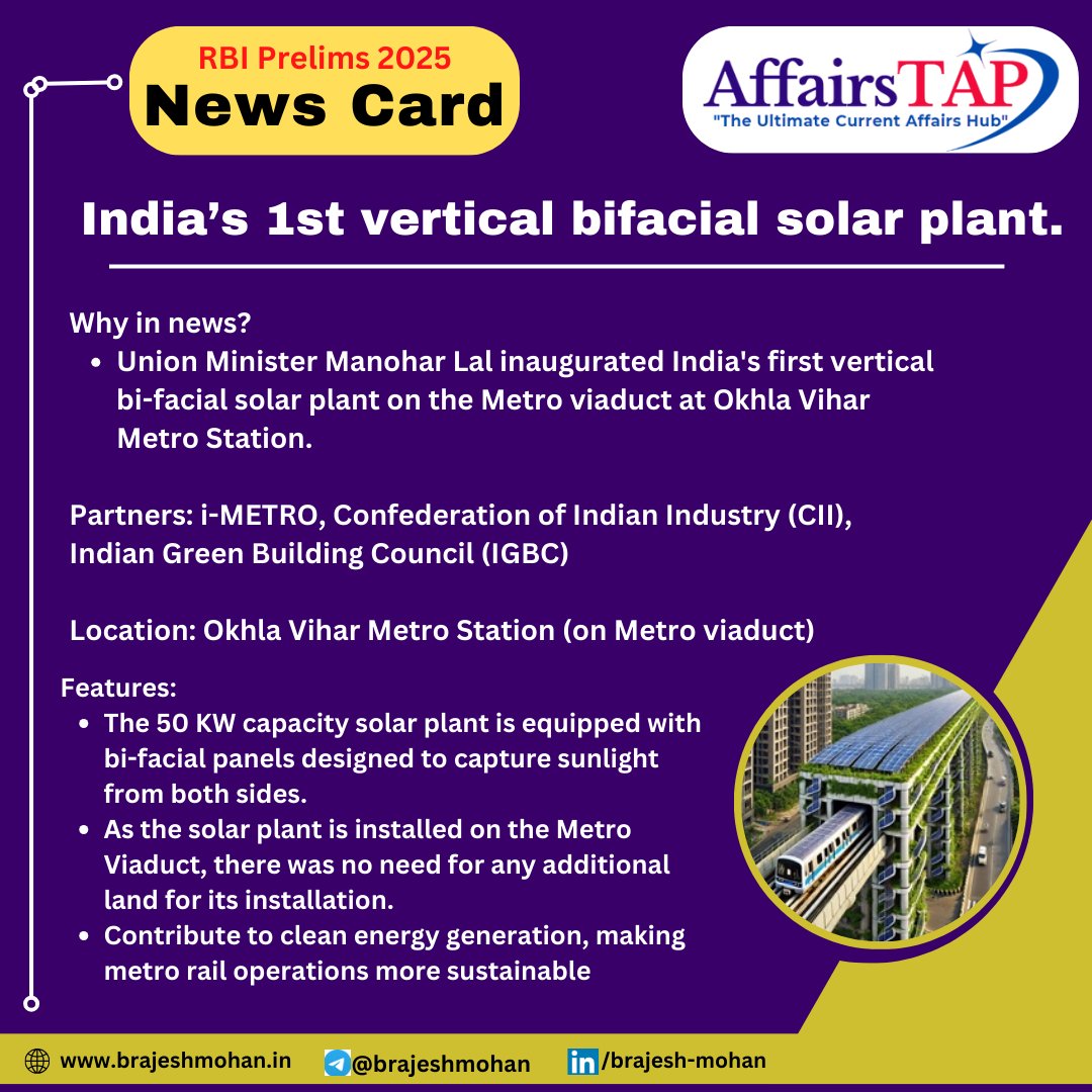 #India's first vertical bi-facial #solar plant was recently inaugurated at the Okhla Vihar Metro station of the #Delhi Metro Rail Corporation (#DMRC) in New Delhi. 

#UPSC #CurrentAffairs #news #Exams #affairstap #brajeshmohan