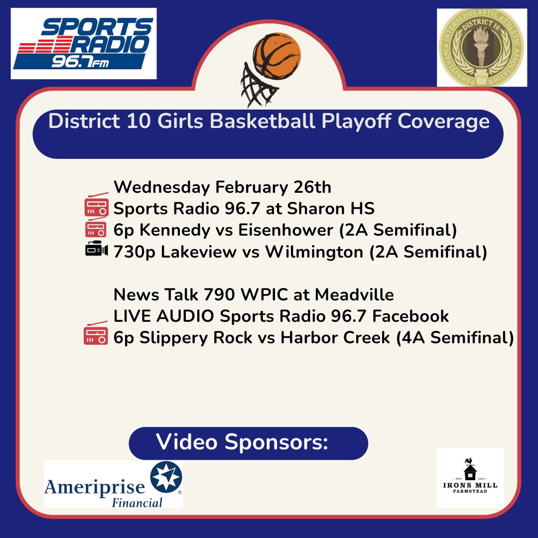 Bob Greenburg (@bobgreenburg) on Twitter photo Our updated Tuesday and Wednesday D10 Playoff Broadcast Schedule:
7 games (All Radio plus 2 video)
<a href="/LakeviewBall/">Lakeview Basketball</a> <a href="/HSD_Athletics/">HSD Athletics</a> <a href="/SharonAthletics/">Sharon Athletics</a> <a href="/SRAHSATHLETICS/">Slippery Rock Athletics</a> <a href="/SRHS_GBB/">SRHS Girls Basketball</a> <a href="/KC_GBB/">Kennedy Catholic Girls Basketball</a> <a href="/HoopsSailor/">Lady Sailor Hoops</a> <a href="/WilmingtonGBB/">Wilmington Area Girls Basketball</a> Our updated Tuesday and Wednesday D10 Playoff Broadcast Schedule:
7 games (All Radio plus 2 video)
<a href="/LakeviewBall/">Lakeview Basketball</a> <a href="/HSD_Athletics/">HSD Athletics</a> <a href="/SharonAthletics/">Sharon Athletics</a> <a href="/SRAHSATHLETICS/">Slippery Rock Athletics</a> <a href="/SRHS_GBB/">SRHS Girls Basketball</a> <a href="/KC_GBB/">Kennedy Catholic Girls Basketball</a> <a href="/HoopsSailor/">Lady Sailor Hoops</a> <a href="/WilmingtonGBB/">Wilmington Area Girls Basketball</a>