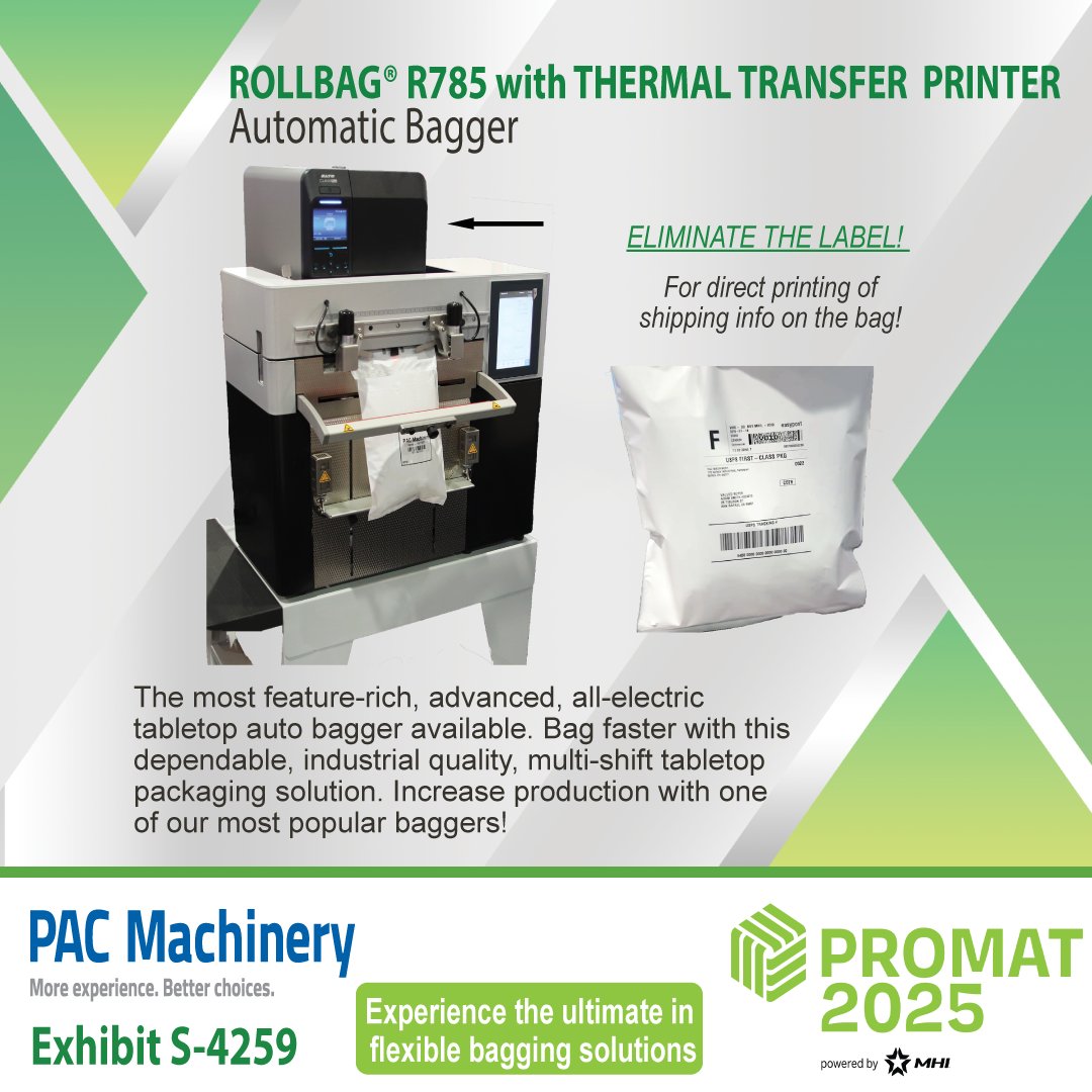 Pac_Machinery's tweet image. Upgrade #packaging with the Rollbag R785- an all-electric, compact #automaticbagger designed for speed (up to 40 bags/min) &amp;amp; reliability.  Small (26” x 18”) &amp;amp; lightweight easy to set up anywhere.  pacmachinery.com/event/promat-2… #Promat2025