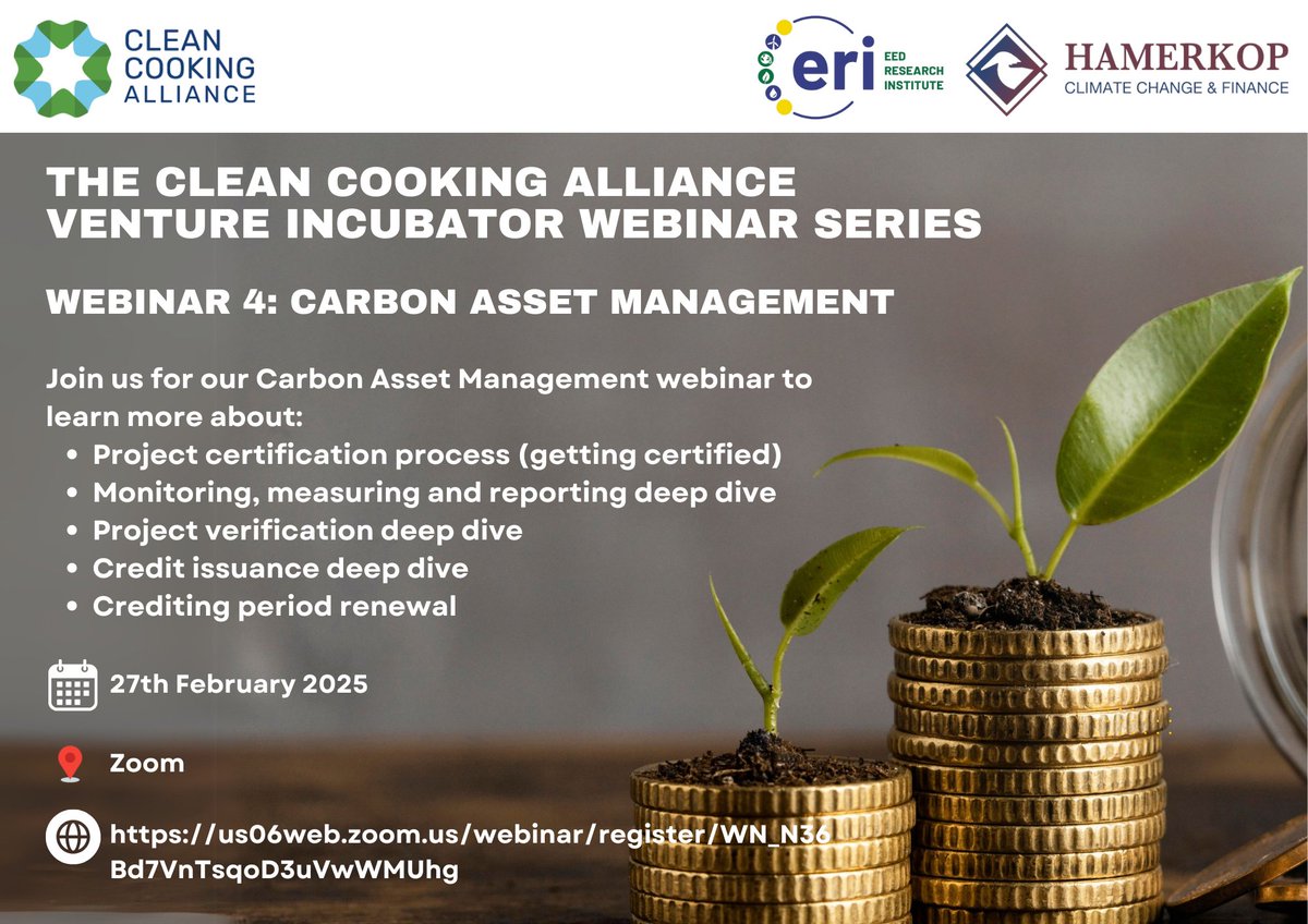 📌The EED Research Institute (ERI) invites you to the Carbon Asset Management Webinar slated for 27/02/2025 from 1400hrs EAT/1100hrs GMT. The webinar will be hosted by the Clean Cooking Alliance in collaboration with ERI and Hamerkop. To register, visit us06web.zoom.us/webinar/regist….