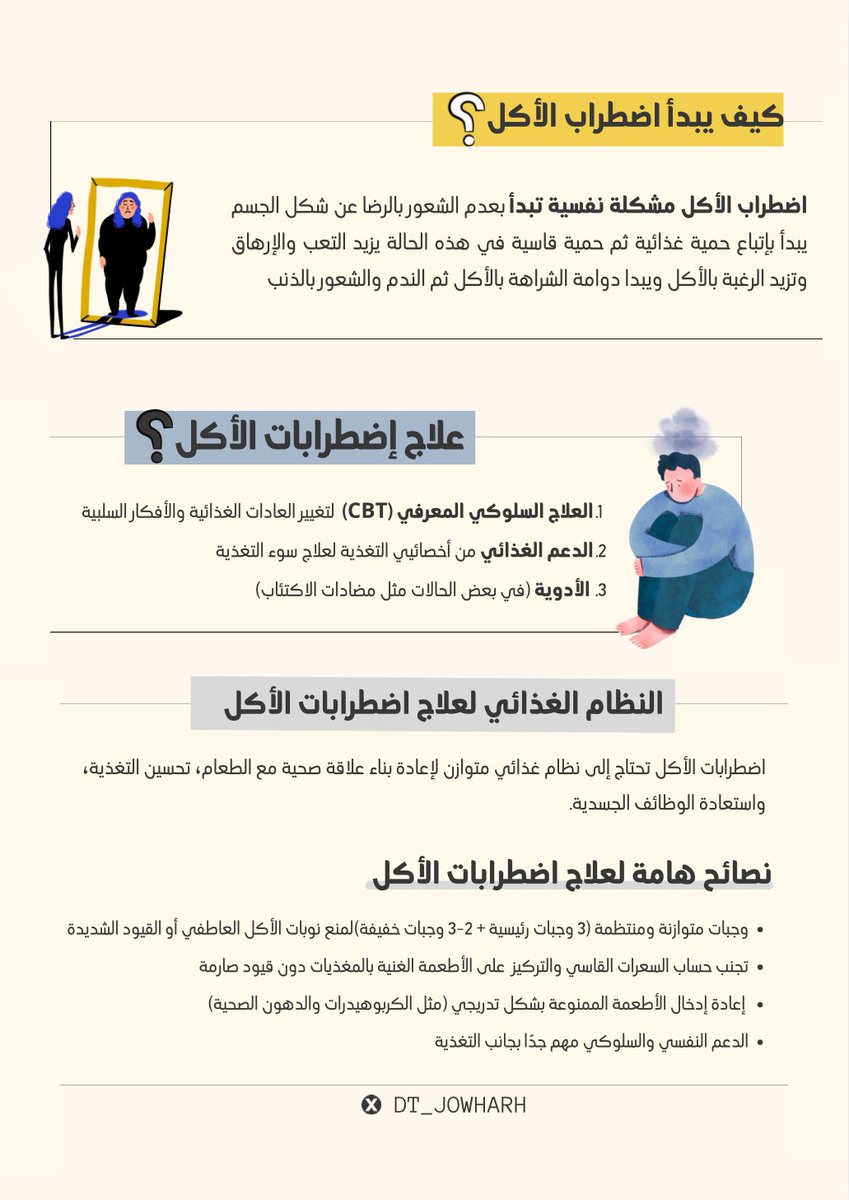 بمناسبة #الأسبوع_العالمي_لاضطرابات_الأكل
جهزت هذا الملخص وضحت فيه أهم المواضيع المتعلقة باضطرابات الأكل منها:
•اضطرابات الأكل وأنواعه؟
•أسباب وأعراض ومضاعفات اضطرابات الأكل؟
•كيف تبدأ اضطرابات الاكل وكيف يتم العلاج ؟
•النظام الغذائي المناسب لاضطرابات الاكل؟
<a href="/DietArab/">تجمع أخصائيي التغذية</a>