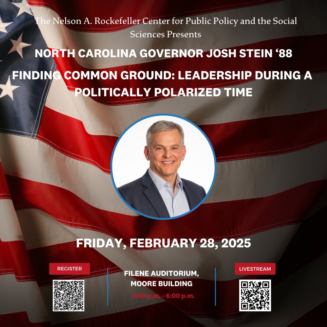 Governor Josh Stein '88 (D-NC) will be joining us on Friday in Filene Auditorium at 5 pm! Governor Stein will share his perspective on the election, his priorities as a Democratic governor, and the importance of bipartisanship in a time of polarization. dartgo.org/GovernorStein