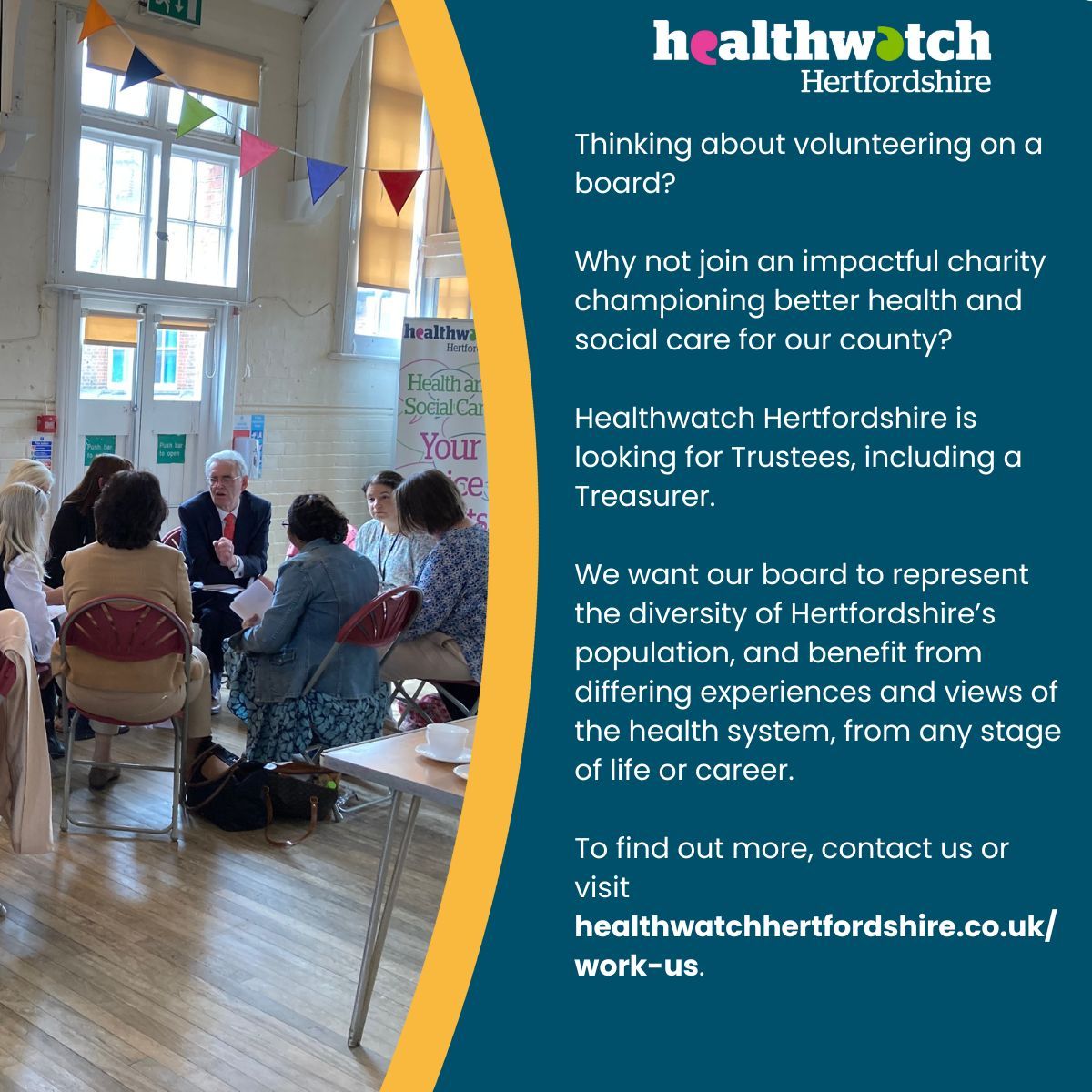 Thinking about volunteering on a board? 

Why not join an impactful charity championing better health and social care for our county? 

Healthwatch Hertfordshire is looking for Trustees, including a Treasurer. 

To find out more, contact us or visit buff.ly/4b5QwfP.