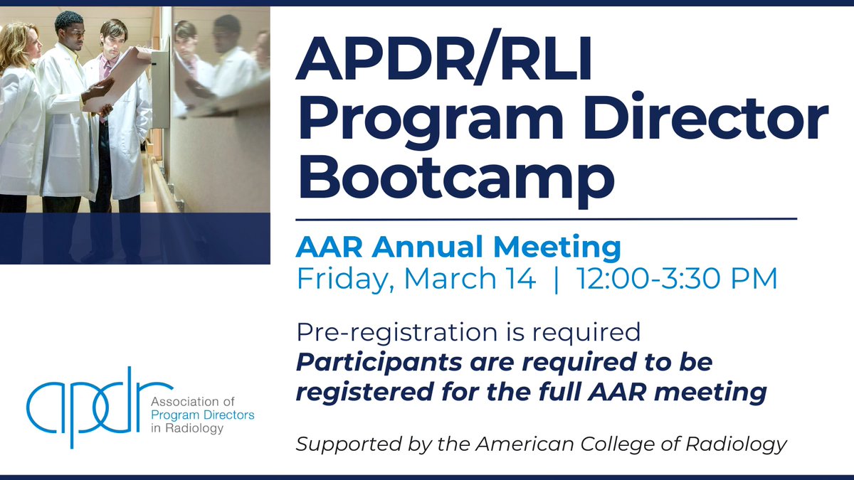 The APDR (@theapdr) on Twitter photo Program Directors! Donโt miss the 3rd Annual APDR/RLI Bootcamp โ happening in-person at #AAR25!
View preliminary agenda at bit.ly/3DCfoix
Register at bit.ly/3WpdsAL
#LeadershipDevelopment #Radiology #APDR #RadPD #RadEd #RadRes #RadPCs Program Directors! Donโt miss the 3rd Annual APDR/RLI Bootcamp โ happening in-person at #AAR25!
View preliminary agenda at bit.ly/3DCfoix
Register at bit.ly/3WpdsAL
#LeadershipDevelopment #Radiology #APDR #RadPD #RadEd #RadRes #RadPCs