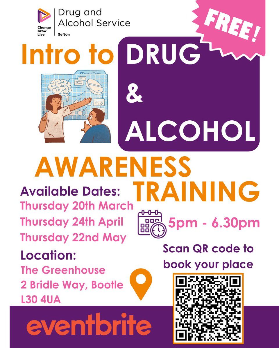 Join Kate at our Intro to Drug and Alcohol Awareness Training at CGL Bootle. There's 3 available dates: 
Thursday 20th March
Thursday 24th April
Thursday 22nd May
All starting at 5pm! 
Scan the QR code or visit eventbrite.com/e/intro-to-dru… to book your place!!