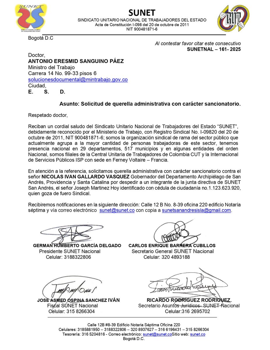 Instamos desde <a href="/sunetcolofc/">@SunetColOfc</a> a <a href="/nicolasgob/">Nicolás Gallardo Vásquez</a> <a href="/GobernacionSai/">GobernacionSAI</a> reintegrar <a href="/Josephmart83358/">Joseph martinez</a> FUERO SINDICAl, JD sunet San Andrés, pronunciamiento <a href="/MintrabajoCol/">MinTrabajo</a> <a href="/AntonioSanguino/">Antonio Sanguino</a> <a href="/MarnIris/">Iris Marín Ortiz</a> <a href="/DefensoriaCol/">Defensoría del Pueblo</a> <a href="/PGN_COL/">Procuraduría General de la Nación</a> <a href="/ZIMENAJOSEFINA/">ZIMENA</a> <a href="/ENSColombia/">ENSColombia</a>