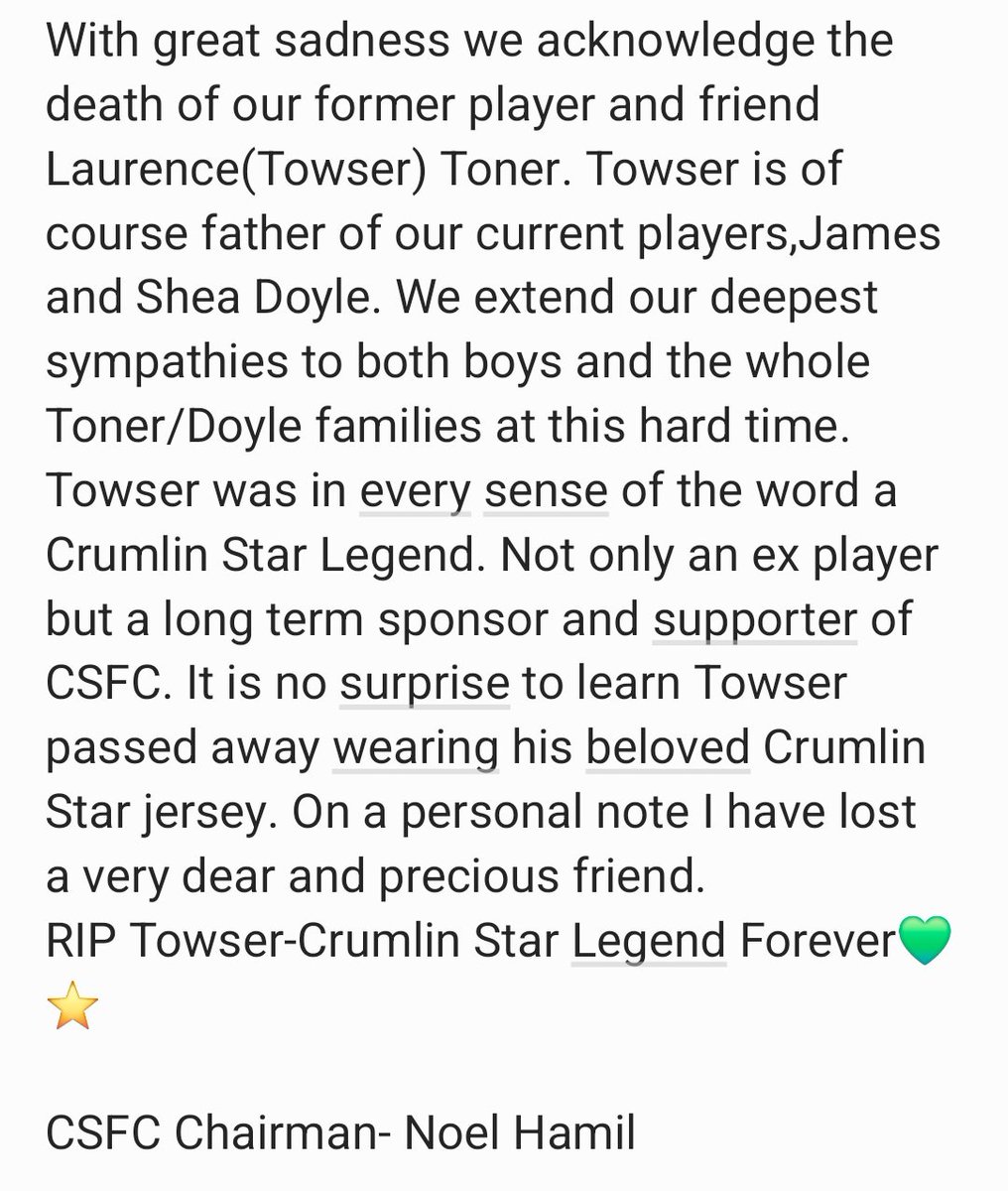 CrumlinStarFC's tweet photo. RIP Laurence 'Towser' Toner💔 a true Crumlin Star Legend Forever 💚⭐️ https://t.co/RXWFKBDEVG