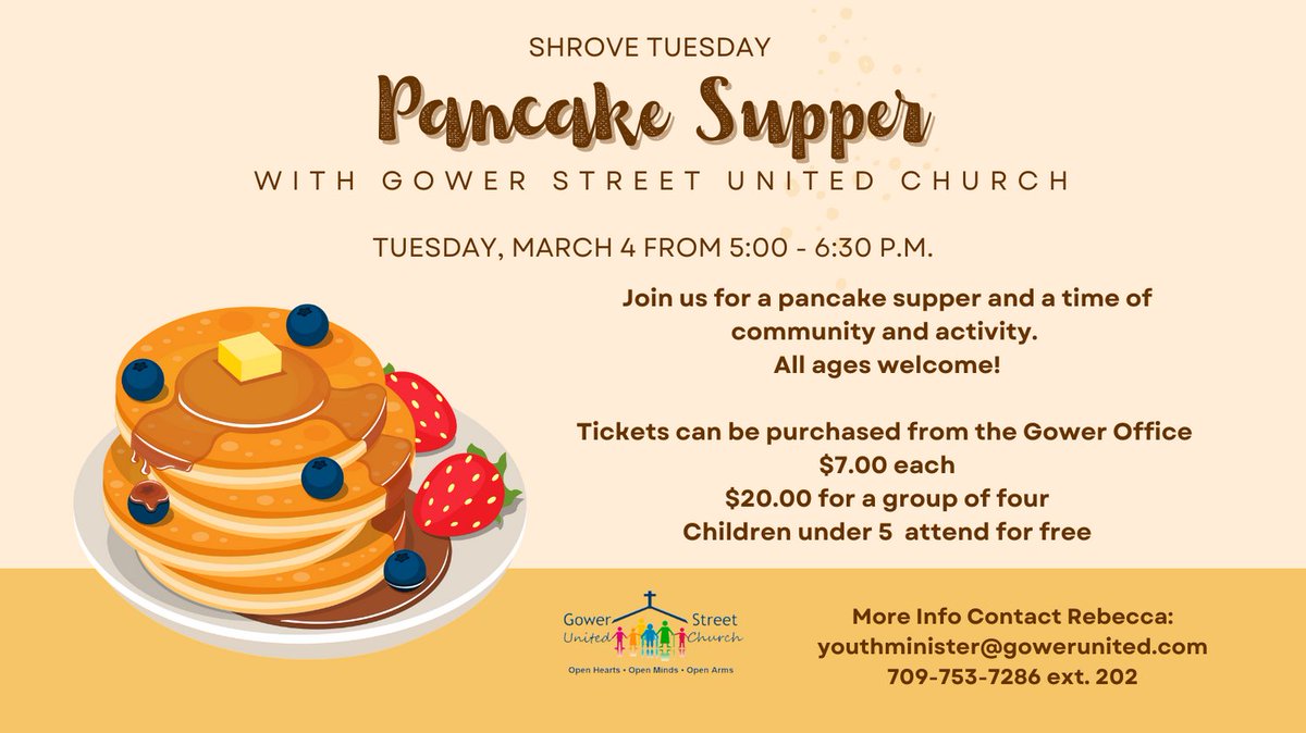 Tickets are on sale now for our Pancake Supper on Tuesday, March 4, 2025. 

Join us for pancakes, sausages, and fruit. 

Payments of cash, cheque or e-transfer to get tickets.

Contact the office to get your tickets. 

#WhatsUpAtGower #UCCan #ucceast