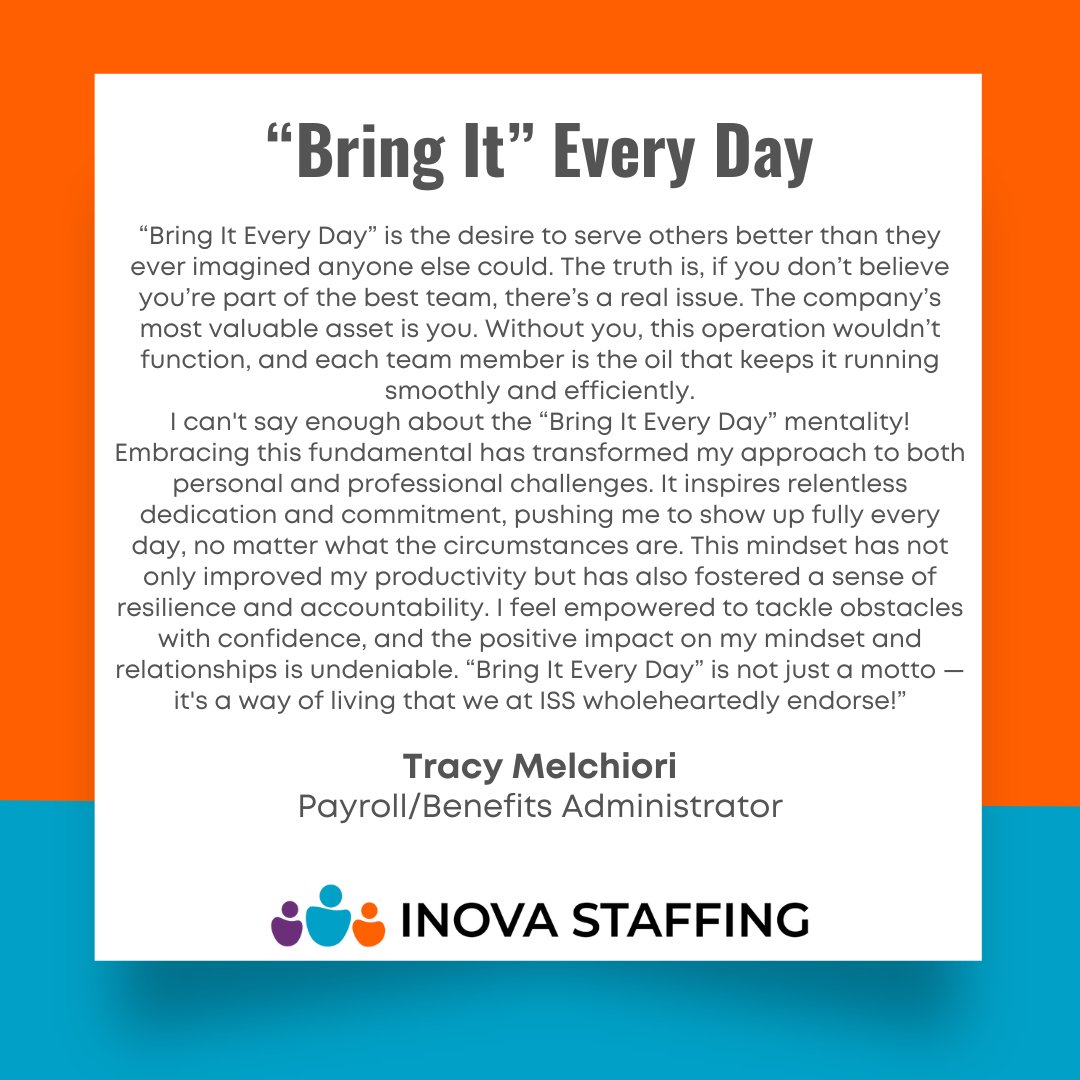 InovaStaffing's tweet photo. Fundamental #16: "Bring It" Every Day. Tracy Melchiori, our Payroll/Benefits Administrator, has shared her testimonial. Thank you, Tracy!

#testimonial #companyculture https://t.co/8Mtb9MkvB6