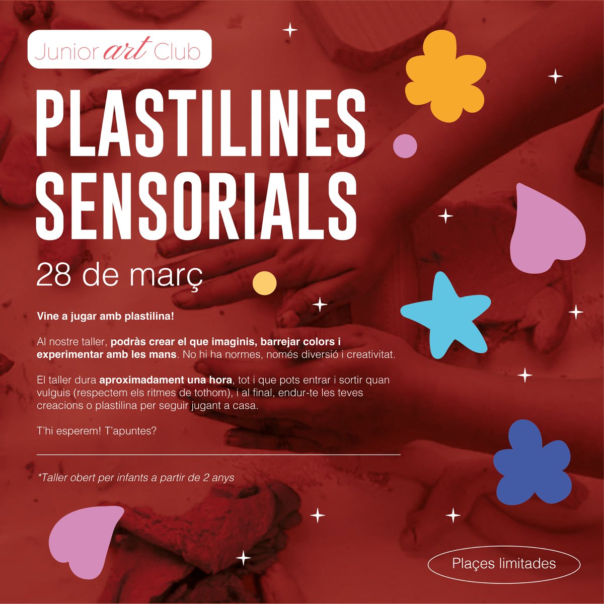 🔵⚫️  Això va de tocar, aixafar, experimentar i flipar amb les teves pròpies creacions!
Plastilina a dojo i un espai on la imaginació mana. 🔥
Vine al taller de plastilines sensorials el dia 28 de març i crea la teva obra mestra. 🎭

⏳ Aviat obrirem inscripcions!